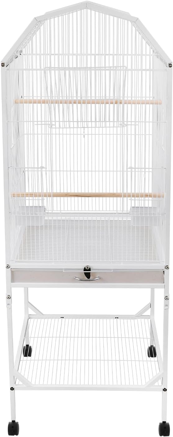 54 Inch 2-Tier Big Bird Cage with Food & Water Bowls Parakeet Bird Cage with Stand, Wheels Metal Birdcage Parrot Cage for Parakeet, Lovebirds, Ringneck, Cockatiels (White, 2 Tier-Open Top)