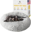 Calming Round Donut Dog Bed Pillow, Washable, Anti Anxiety, Anti-Slip, Cozy Soft Cuddler Comfort Bed with Fluffy Plush Faux Fur for Large Medium Small Sized Dog - Gray, S 28 inch