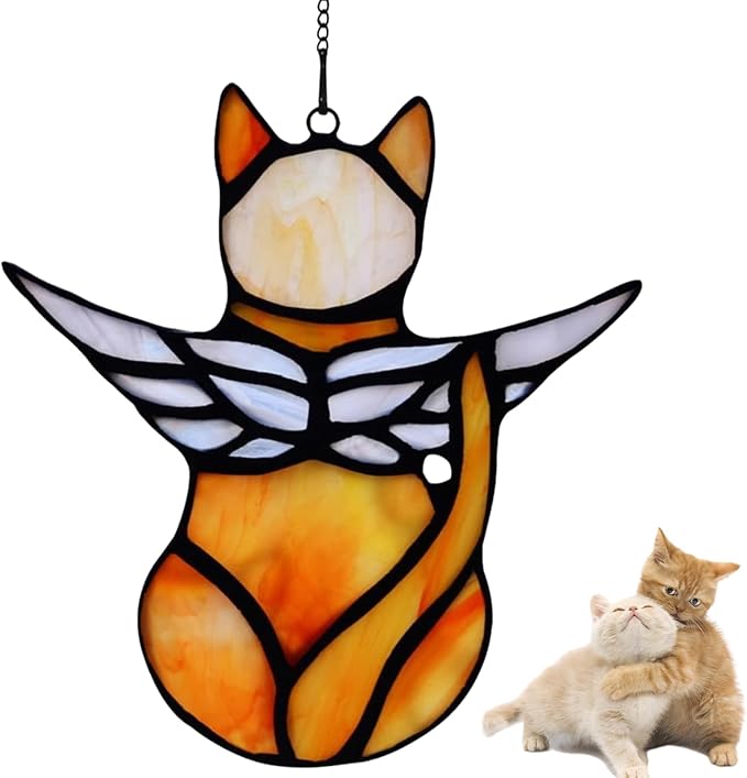 Angel Cat Memorial Ornament, Acrylic Window Hanging Decoration for Cat Lovers, Wings Suncatcher Decor, Pet Sympathy Gift Statue (Orange)
