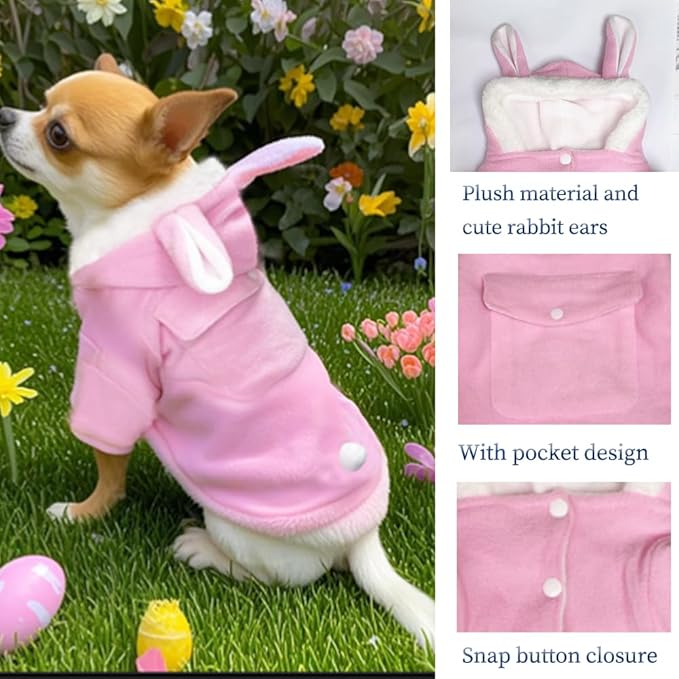 ANIAC Bunny Ears Cat Costume Plush Dog Hoodies with Pocket Sweater Cute Kitten Cat Clothes Warm Rabbit Ears Outfit with Hood for Small Dog Cat and Puppy (Pink-2, X-Small)