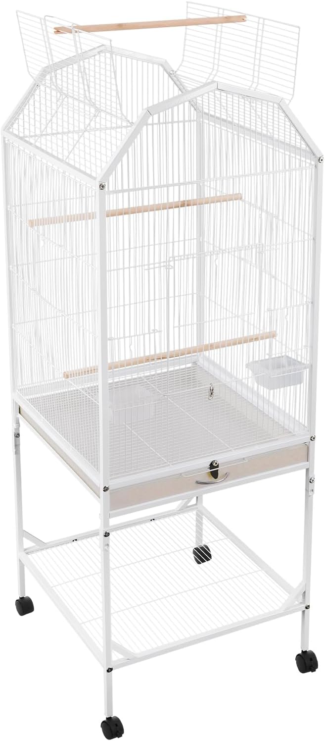 Bird Cage 53.54inch Iron Medium Small Bird Cage with Play Open Top and Rolling Stand Bird Flight Cage for Parrots, Budgerigars, Parakeets, Cockatiels, Lovebirds-White