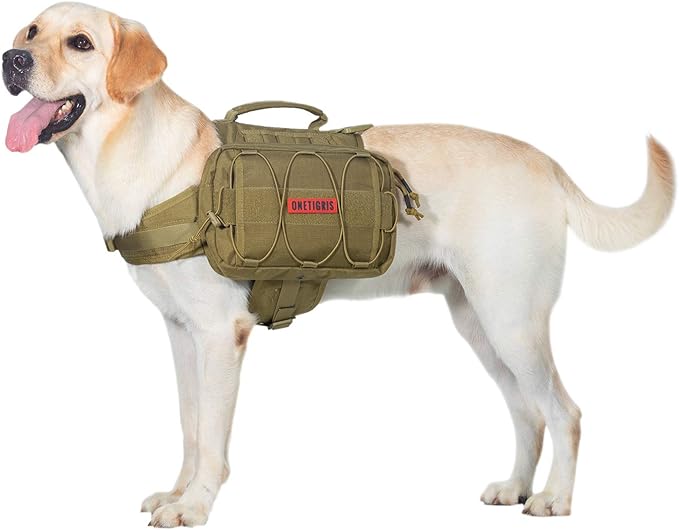 OneTigris Dog Backpack for Medium & Large Dogs, Nylon Backpack for Dogs Tactical Pet Backpack with Side Pockets for Hiking Walking Training Running (Brown, Large)