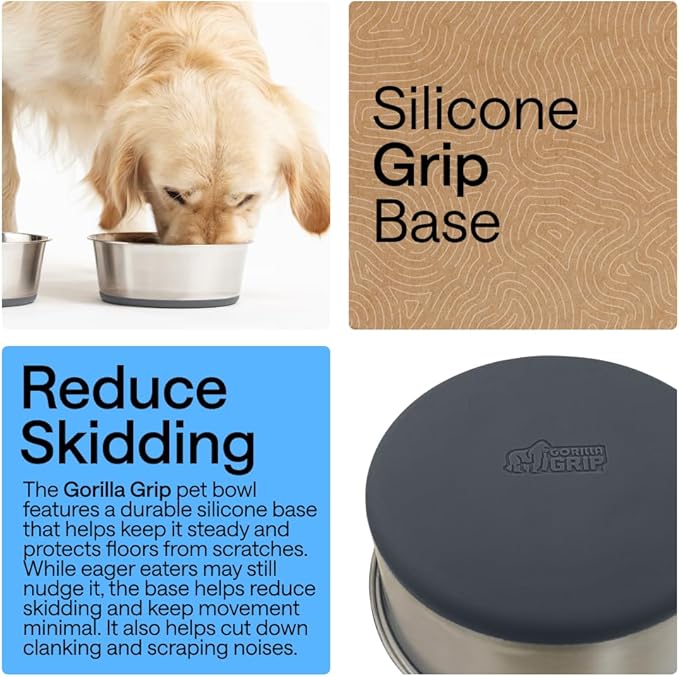 GORILLA GRIP Dog Bowls, Holds 4 Cups Each (32 fl oz), Heavy Duty Stainless Steel Food and Water Bowl for Feeding Dogs and Cats, Dishwasher Safe, Rust Resistant, BPA Free Rubber Base, Set of 2 Gray