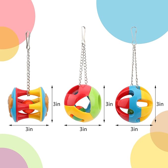 Hypeety Parrot Colorful Ball Toys with Bell Cage Hanging Chewing String for Parakeet Conure Cockatiel Small Medium Birds (A)