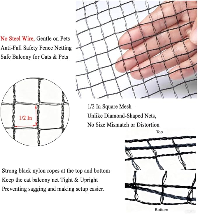 10x26 ft Cat Netting Balcony, No Steel Wire, Anti-Fall Safety Net for Cats – Pet Balcony Screen, Catio Netting, Cat Fence Barrier for Apartment Balconies, Windows, Stair, Decks, Patios