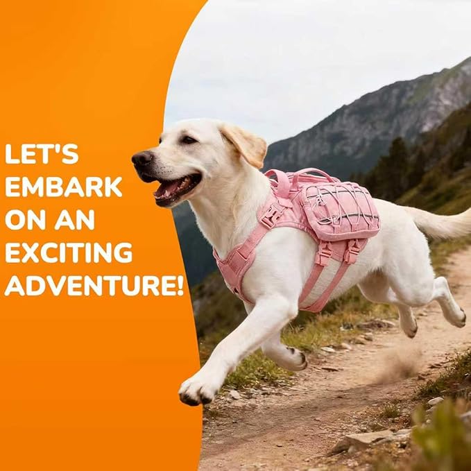 Large Dog Harness Backpack, No Pull Adjustable Dog Vest with Handle & Leash Ring, Lightweight Dog Backpack with Side Pockets for Walking, Training & Day Hikes, Pink, L