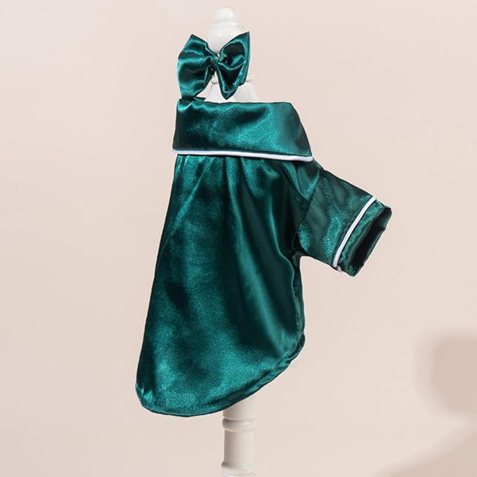 Cat Puppy Costume Elegant Satin Pajamas with Bow Headband 2PCs Set Pet Sleepwear Cute Pet Outfit Cosplay Partywear Photoshoots (Green Set,Small)