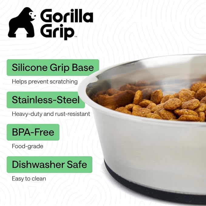 GORILLA GRIP Dog Bowls, Heavy Duty 304 Stainless Steel, Holds 8 Cups Each (64 fl oz) Food and Water Bowl for Feeding Dogs and Cats, Dishwasher Safe, Rust Resistant, BPA Free Rubber Base Set of 2 Black