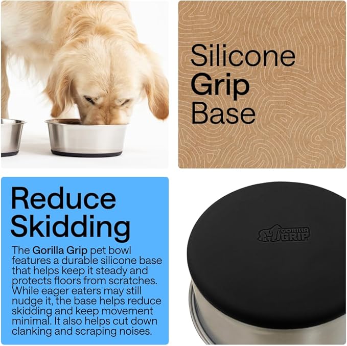 GORILLA GRIP Dog Bowls, Heavy Duty 304 Stainless Steel, Holds 8 Cups Each (64 fl oz) Food and Water Bowl for Feeding Dogs and Cats, Dishwasher Safe, Rust Resistant, BPA Free Rubber Base Set of 2 Black