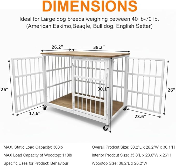 38" Dog Crate Furniture, Heavy Duty Dog Kennel Indoor for Large Dogs, Escape-Proof and Chew-Proof Wooden Dog Cage for high Anxiety Dog, Decorate House as TV Stand, End Table