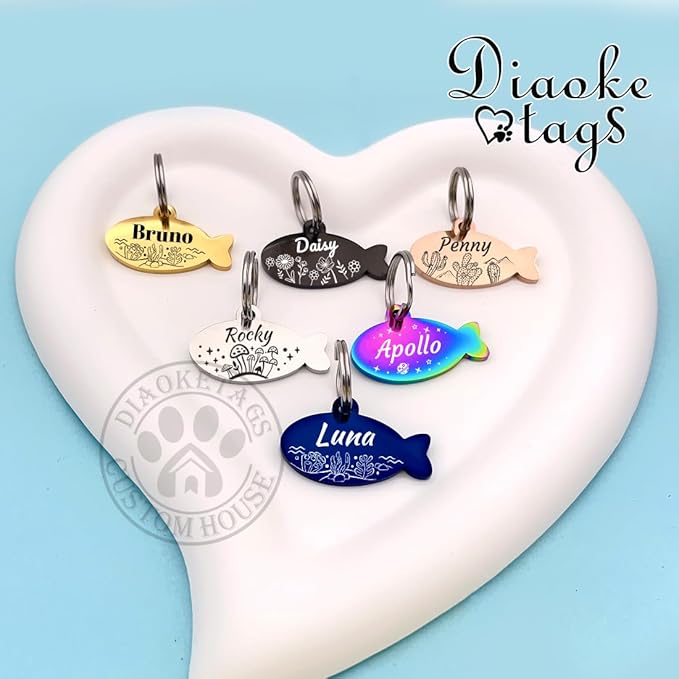 Stainless Steel Cat ID Tag Personalized Pet Tags with up to 4 Lines of Custom Text, Small Pet Mini Dog Cat Tag Lightweight, Engraved on Both Sides, Multiple Patterns Colors Size Options (Daisy)