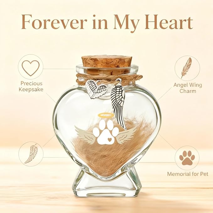 Loss of Dog Cat Pet Sympathy Gift, Memorial Bottle for Pet Hair, Pet Fur Keepsake, Heart-Shaped Glass Memorial Bottle, Dog Hair Keepsake, Dog Memory Memorial Keepsake