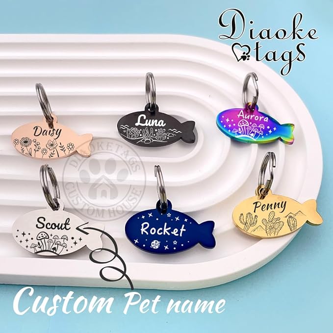 Stainless Steel Cat ID Tag Personalized Pet Tags with up to 4 Lines of Custom Text, Small Pet Mini Dog Cat Tag Lightweight, Engraved on Both Sides, Multiple Patterns Colors Size Options (Mushroom)