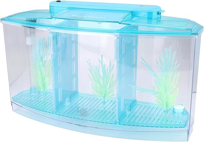 Fockety Breeding Fish Tank LED Acrylic, Three Divisions Isolation Box for Small Fishes with Artificial Grass, Water Change Valve and Filter Bubble Head with Activated Carbon (Blue)