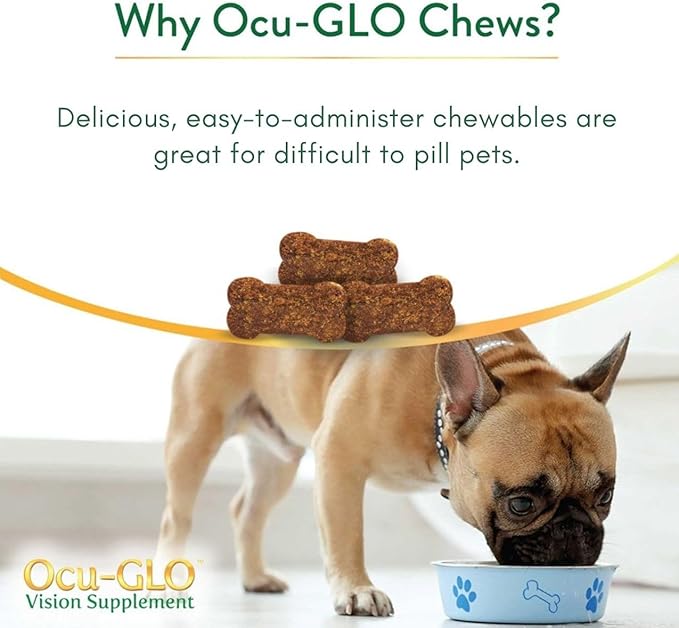 Ocu-GLO Cat & Dog for Eye Support - Chewable Vision Supplement for Medium and Large Pets Care with Lutein, Omega-3 Fatty Acids, Grape Seed Extract & Antioxidants 30 XL Chewables