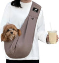 Dog Sling Carrier for Small Dogs Cats up to 15 lbs - Hands Free Puppy Carrier Bag (Plus Size L) - Ergonomic Padded Shoulder Strap & Safety Hook Based on Owner's Bust Length, Caramel