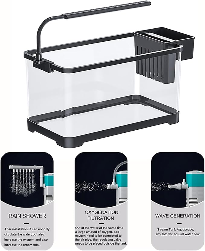 Fish Tank Aquarium Kit,Turtle Tank Kit with 3-in-1 Silent Water Pump Filter System, Self Cleaning Aquarium Starter Kit with LED Light Suitable for Small Fish Or Shrimp,Bottom Drainage(Medium)