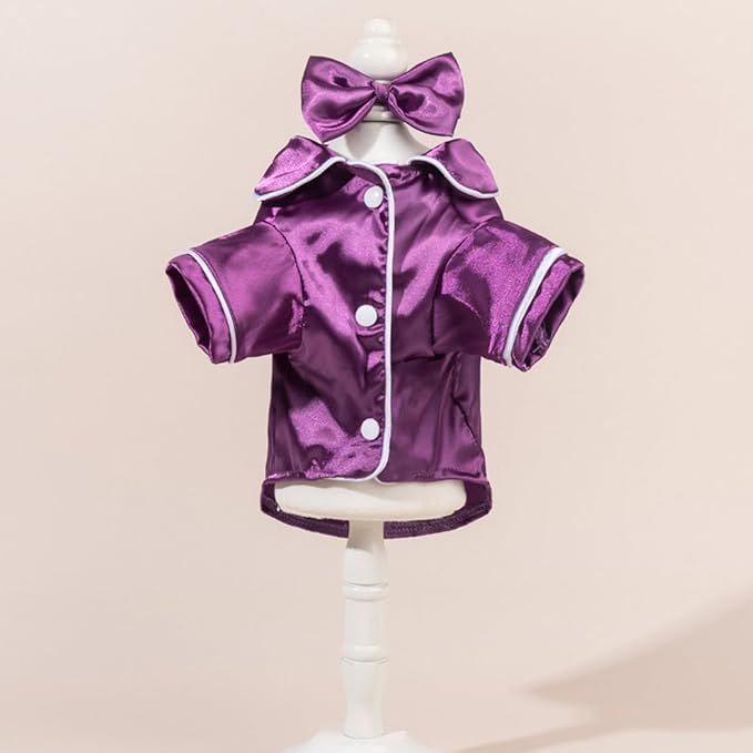 Cat Puppy Costume Elegant Satin Pajamas with Bow Headband 2PCs Set Pet Sleepwear Cute Pet Outfit Cosplay Partywear Photoshoots (Purple Set,Small)