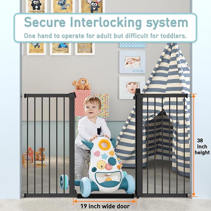 Fairy Baby Narrow Baby Gate 24.0"-26.7" Inch Wide, 38" Tall Pressure Mounted Auto-Close Dog Gate for Small Stairs and Doorways, Metal Safety Gate Indoor for Kids and Pets with NO Extensions, Black