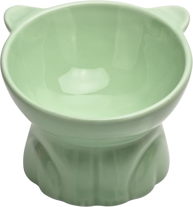 Elevated Cat Food Bowl,9 Oz Ceramic Raised and Tilted Water Bowl,Anti Vomiting and Protect Pets Spines Dishes for Fat Faced Cat, Indoor Cats,Kitten,Small Dog (Green)