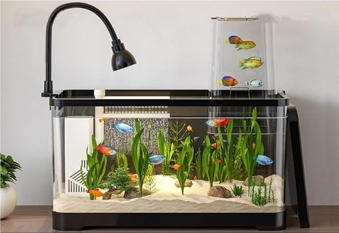 4 Gallon Fish Tank, Small Tabletop Fish Tank, Aquarium with Negative Pressure Tank, Fish Aquarium with Spotlight and Water Pump, Betta Fish Tank Starter Set(Black,21.7x11.8x16.6in)