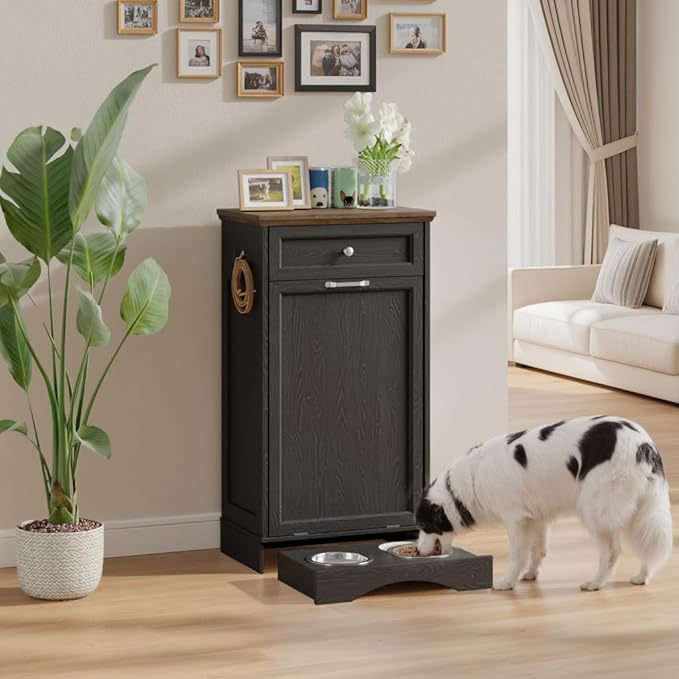 FIMELLO 13 Gallons Dog Feeding Station, Tilt-Out Dog Food Storage Cabinet with Drawer,Pet Feeder Cabinet,Black Oak