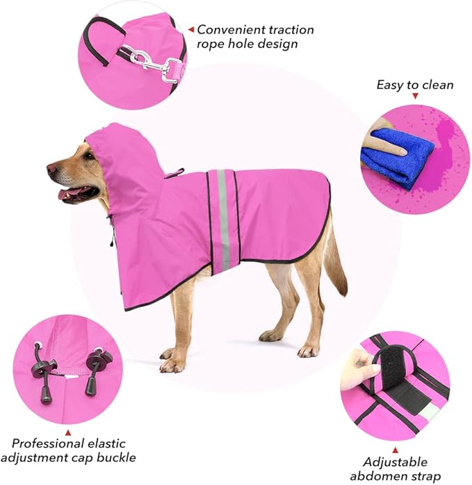 Waterproof Dog Raincoat - Adjustable Pet Rain Coats, Lightweight Hooded Slicker Poncho Rain Jacket for Small to X- Large Dogs and Puppies (Pink, X-Large)