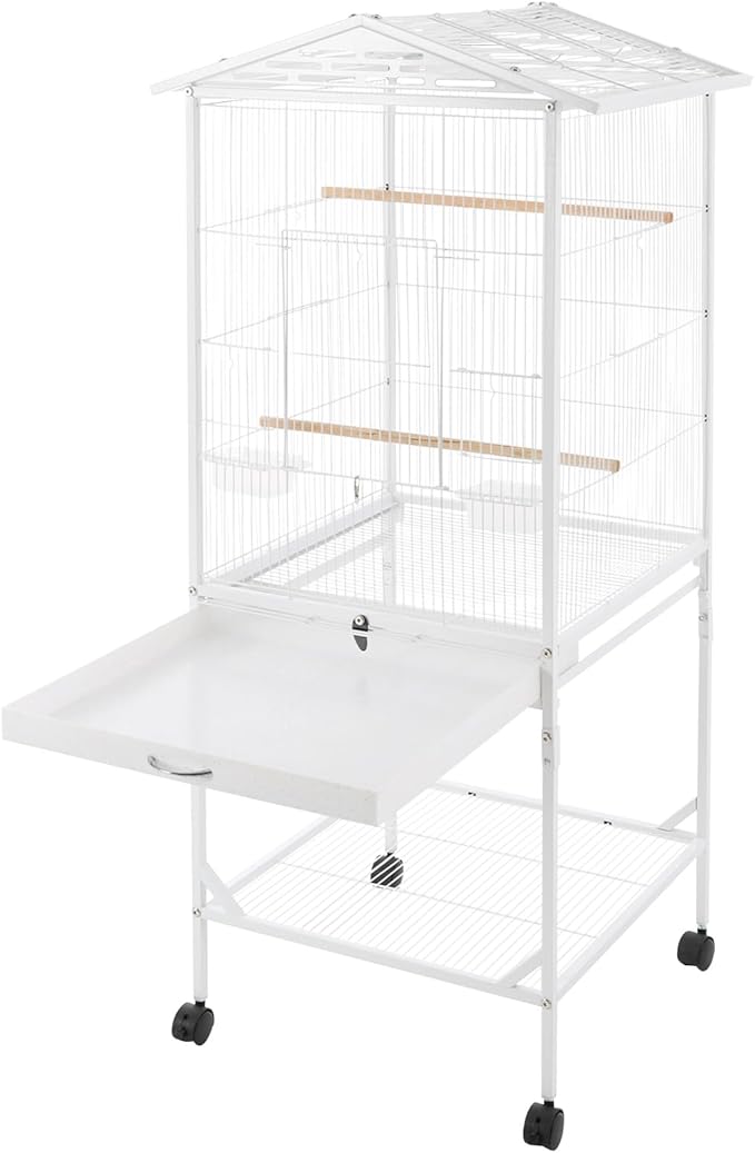 54 Inch Metal Bird Cage, Interactive Double-Door Open Top Bird Cage with 4 Feeding Windows Tray, Lockable Wheels Mobile Pet Birdcage for Parrots, Budgerigars, Parakeets, Lovebirds(White)