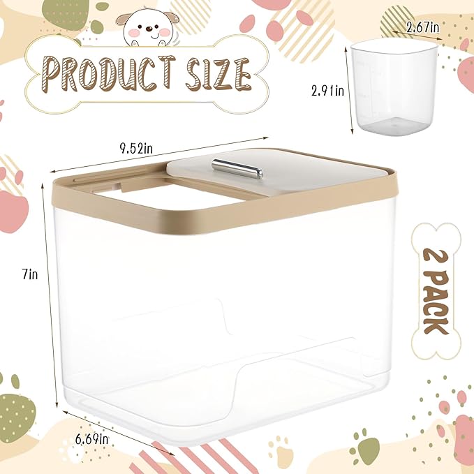 CIEOVO 2 Pack Airtight Dog Food Storage Container, 10Lbs Clear Pet Dog Food Storage Bin with Measuring Scoops for Rice Grain Pet Dog Cat Bird Dog Treat Storage Food Fresh