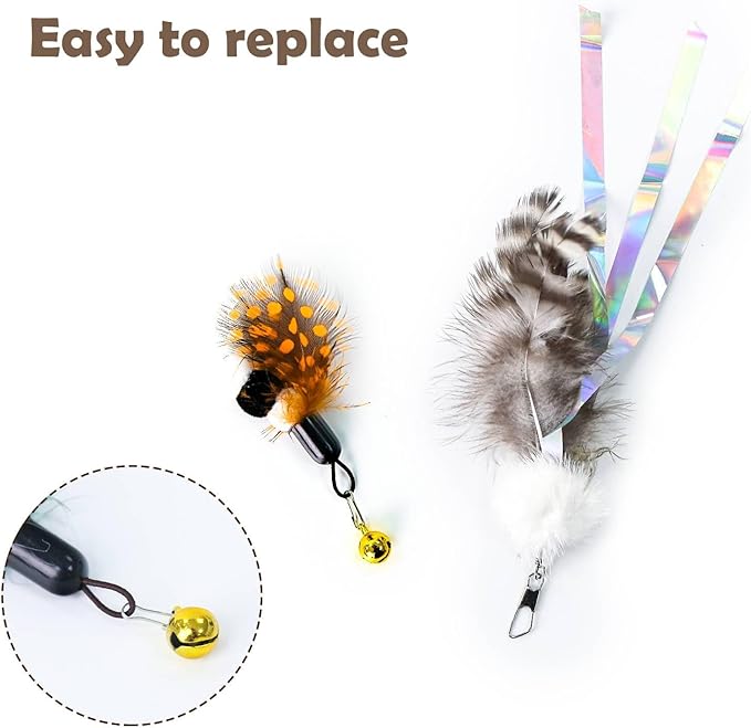 Hokaad Cat Insect Feather Toys - Feather Wand & 6 Natural Insect Refills - Interactive Cat Teaser with Bell