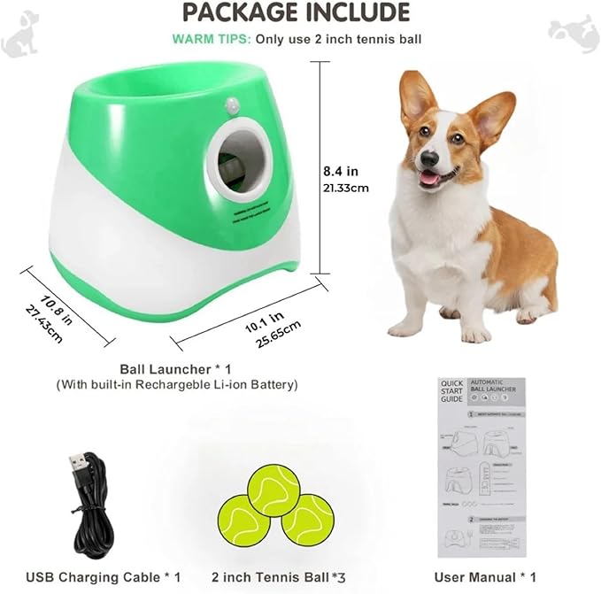 Dog Launcher Automatic Toy Tennis Throwing Pinball Machine Fun Interactive Throw Rechargable Catapult USB Charging(Green)