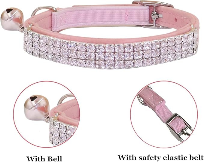 THAIN Rhinestones Cat Dog Collar Soft Velvet Safe Adjustable Collar Bling Diamante with Bells, 8-11 inch for Small Dogs and Cats (Light Blue)
