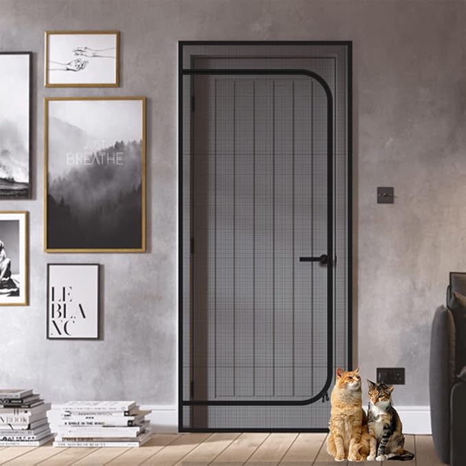 DOOREASY Cat Screen Door, Upgraded Pet Door Mesh Screen Prevent Cats Dogs from Running Out, Cat Resistant Screen Door with Zipper Closure, Easy Install (Fits Doors Up to 36"x96")