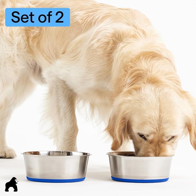 GORILLA GRIP Dog Bowls, Heavy Duty 304 Stainless Steel, Holds 6 Cups Each (48 fl oz) Food and Water Bowl for Feeding Dogs and Cats, Dishwasher Safe, Rust Resistant, BPA Free Rubber Base Set of 2 Blue