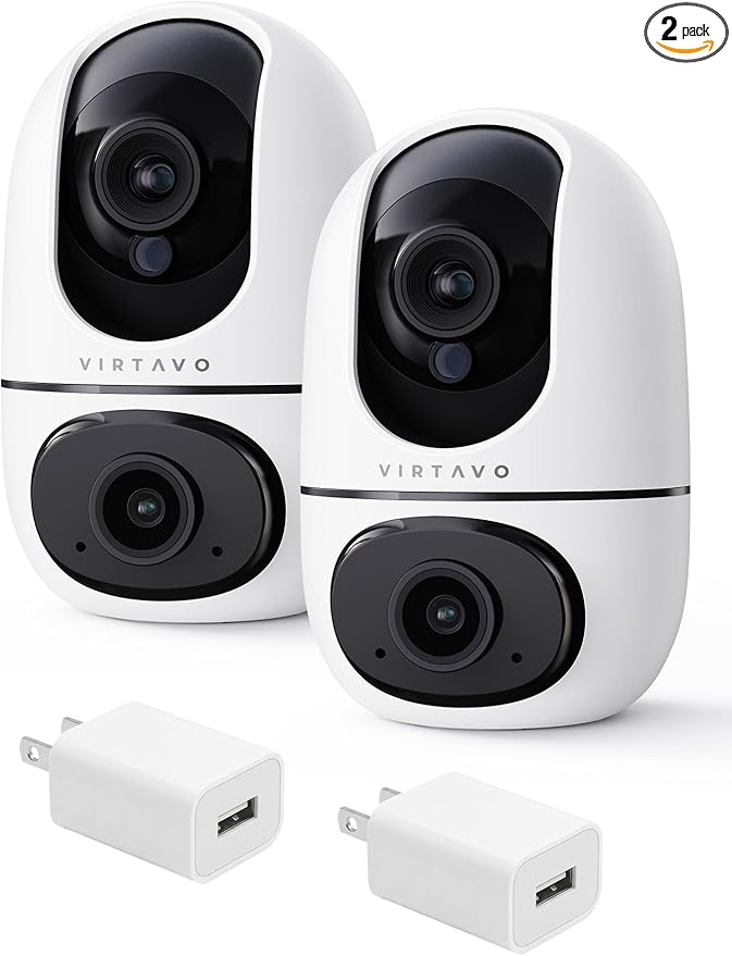 VIRTAVO XD1 Indoor Pet & Baby Camera, No Subscription Required, Dual-Lens 360° PTZ, Motion Tracking, 2-Way Audio, Night Vision, Cloud/SD Storage, Phone App, WiFi, 2-Pack with 2-Year Warranty