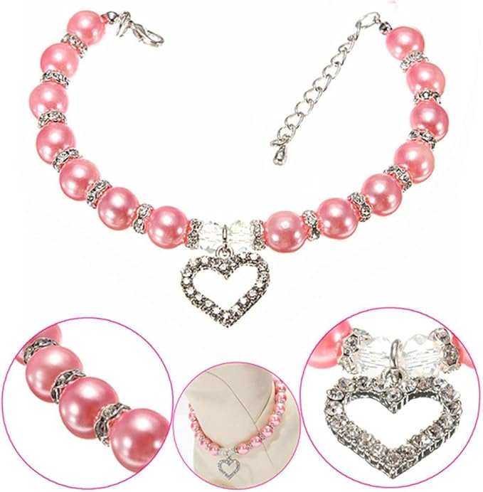 Dog Pearls Collars Crystal Heart Dog Cat Collar, Pet Bling Love Charm Pendant Necklace for Cats Small Dogs Birthday Party Accessories(M,Fuchsia)