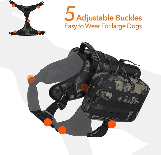 x Jumahe Dog Hiking Backpack for Large/Giant Dogs – 2 Spacious Side Bags, Breathable Waterproof Fabric, Fits Chest 30"-40" (85-120 lbs), 5 Adjustable Buckles, Outdoor Travel Vest, Khaki