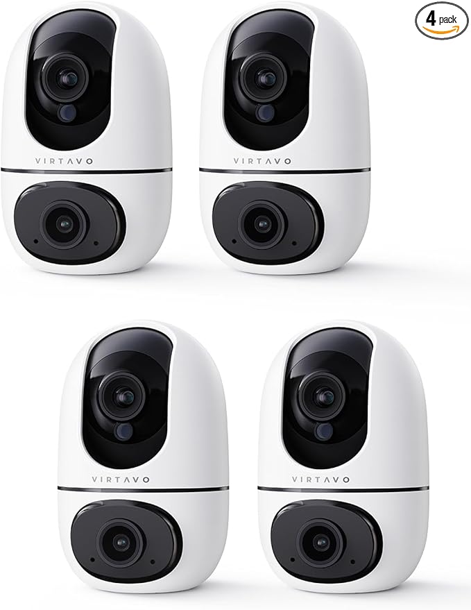 VIRTAVO Indoor Pet & Baby Camera, No Subscription Required, Dual-Lens 360° PTZ, Motion Tracking, 2-Way Audio, Night Vision, Cloud/SD Storage, Phone App, WiFi, 4-Pack, Power Adapter Included