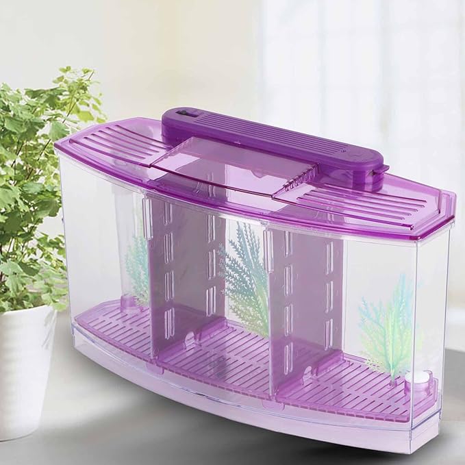 HEEPDD Triple Chamber Fish Breeder Box for Aquarium, Transparent Acrylic Small Fishes Breeding Isolation Box with Six LED Lights and Water Change Valve Breeder for Fish Tank (Purple)