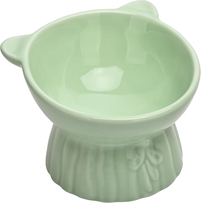 Elevated Cat Food Bowl,8 Oz Ceramic Raised and Tilted Water Bowl,Anti Vomiting and Protect Pets Spines Dishes for Fat Faced Cat, Indoor Cats,Kitten,Small Dog (Green)
