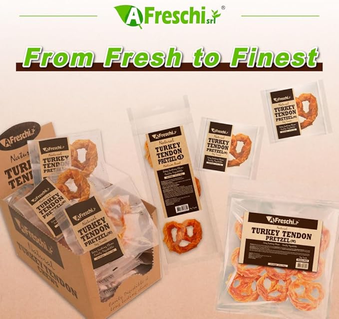 A Freschi srl Turkey Tendons for Dogs, USA-Sourced, Healthy Dog Treats, Rawhide-Free Puppy Chews, Long Lasting, All Natural, Hypoallergenic Dog Treats for Medium Breeds, 3 Count Pack Pretze (M)