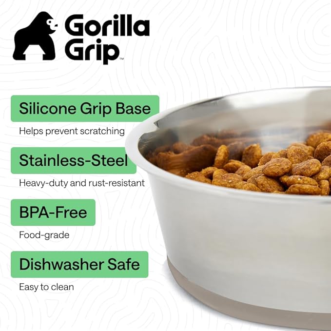 GORILLA GRIP Dog Bowls, Heavy Duty 304 Stainless Steel, Holds 2 Cups Each (16 fl oz) Food and Water Bowl for Feeding Dogs and Cats, Dishwasher Safe, Rust Resistant, BPA Free Rubber Base Set of 2 Beige