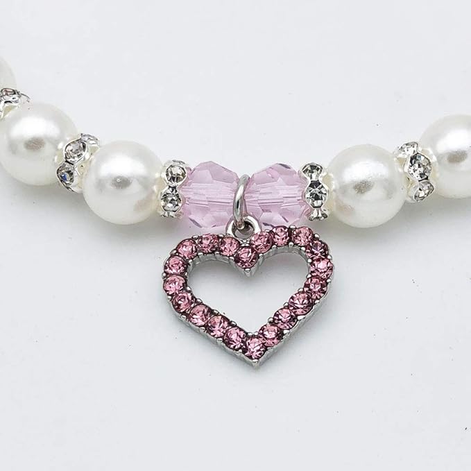 Pearl Crystal Dog Necklace Collar Jewelry for Small Dogs Puppy, Bling Cat Wedding Collar with Rhinestones Charm, Chihuahua Yorkie Clothes Outfits Accessories (Pink Heart, 12 to 14-Inch)