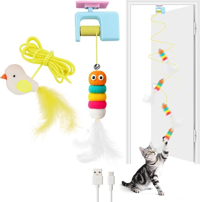 AIERSA Interactive Cat Toys for Indoor Cats,Automatic Cat Hanging Toys for Bored Indoor Adult Cats, Caterpillar and Flying Bird Toy for Door Frame, Self-Play Pet Chase Toy-Blue
