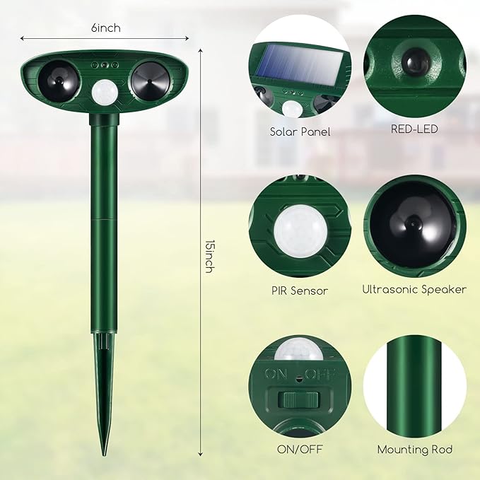 Solar Ultrasonic Animal Repeller Outdoor Deer Repellent Devices Waterproof with Motion Sensor,Effective Against Squirrel,Deer,Dog,Raccoon,Skunk,Rabbit,Coyote Deterrent for Yard Garden Protection,4 Pcs