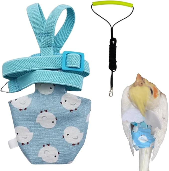 Adjustable Bird Diaper Harness Flight Suit Clothes with 80 Inch Flying Leash Rope for Parrots Conure Cockatiel (Blue,M)