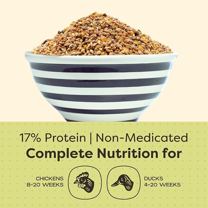 Scratch and Peck Feeds Whole Grain Grower Mash Chicken and Duck Feed - 25 lbs Bag - Corn-Free and Soy-Free - 17% Protein, Certified Organic and Non-GMO Project Verified Chicken Food