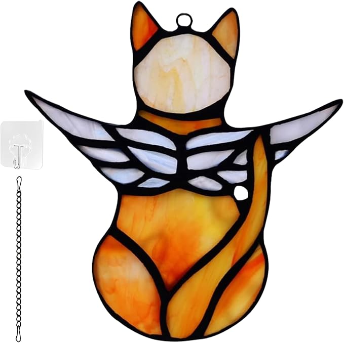 Cat Angel Memorial Statue, Stained Glass Window Hanging Decorations, Loss of Cat Sympathy Gift, Pet Memorial Sympathy Gifts Decoration, Miniature Hanging Ornament