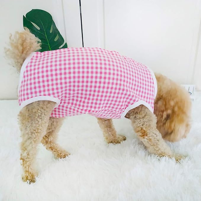 Dog’s Recovery Suit Post Surgery Shirt for Puppy, Wound Protective Clothes for Little Animals(Pink White Plaid-s)