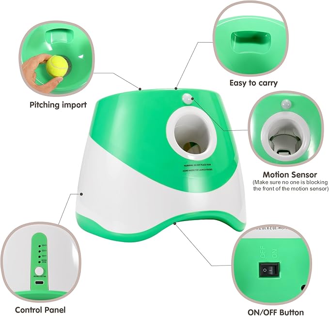 Automatic Dog Ball Launcher, Rechargeable Electric Pet Ball Thrower with One - Button Control, 3 Distance Settings & Soft Tennis Balls - Promotes Exercise Indoors & Outdoor (Light Green)